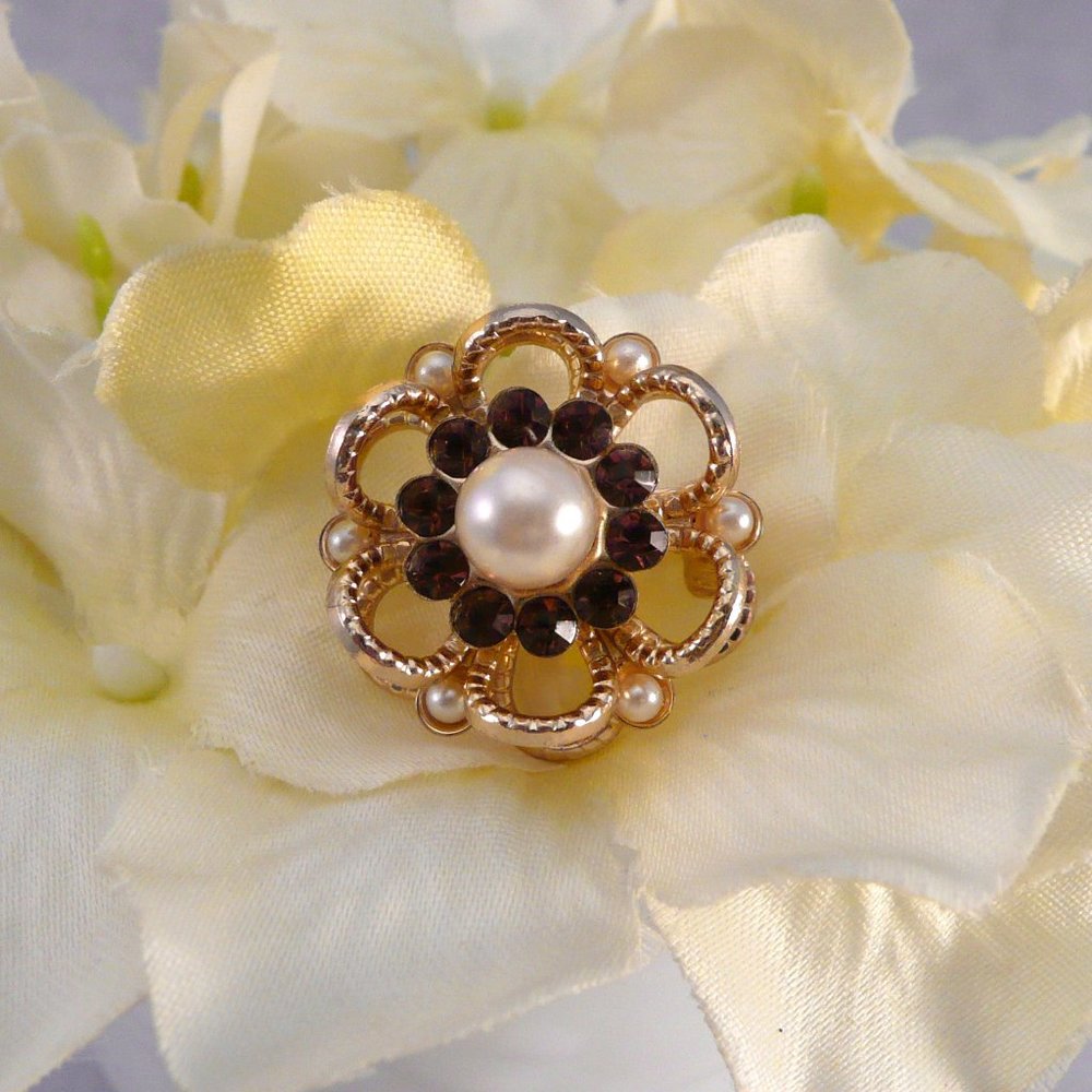 Vintage Gold Tone Purple Crystal Rhinestones Faux Pearl Flower Pin